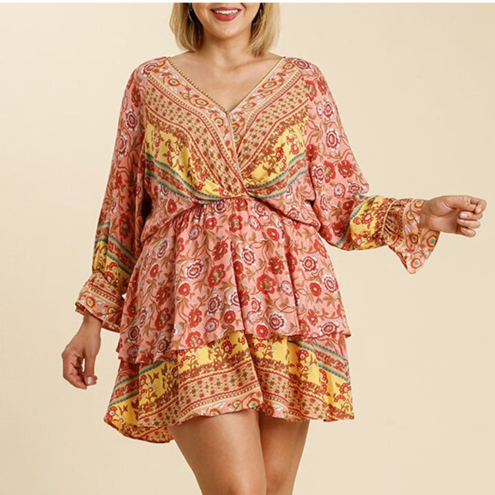 Umgee Plus Boho Gypsy Floral Layered Mini Dress